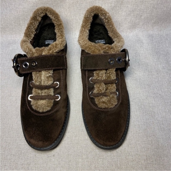 Stuart Weitzman Shoes - Stuart Weitzman Brown Suede Shearling-Lined Shoe with buckle closure & lug sole